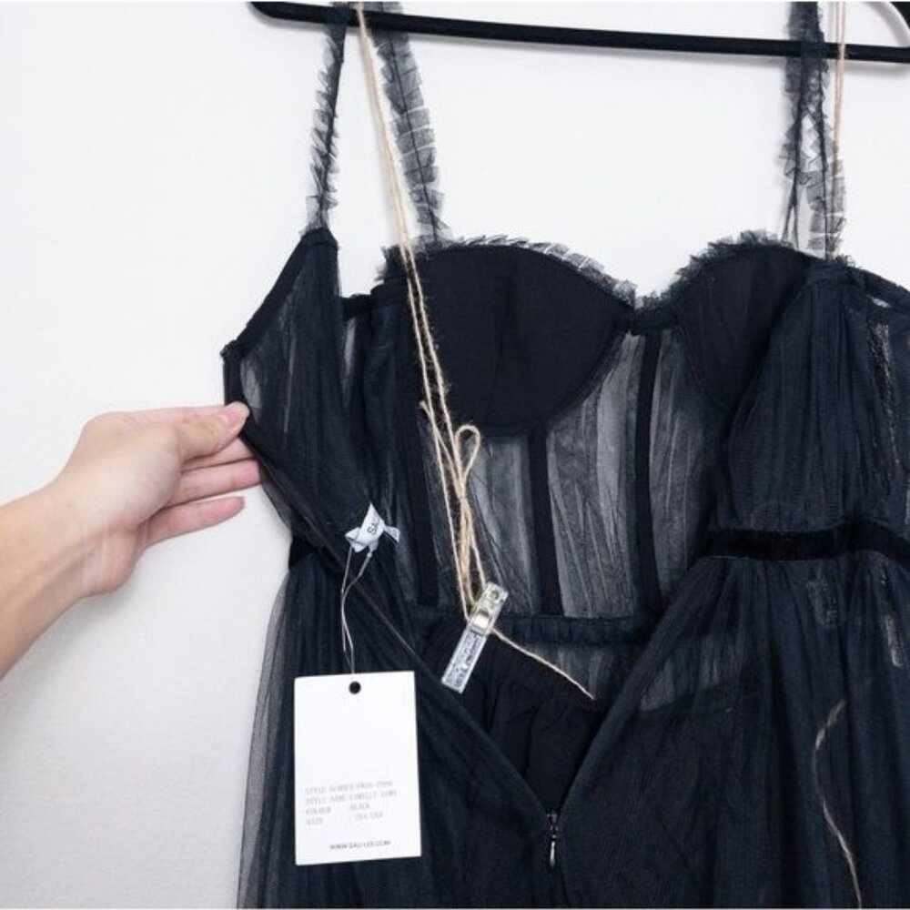 NWT Sau Lee Camille Tulle Ruffle Gown 4 Black Sheer Tiered Bustier Aline - Picture 12 of 14